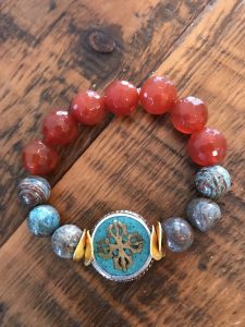 Crazy Lace Agate Beaded Gemstone Bracelet with Faceted Carnelian and a Turquoise Tibetan Disc